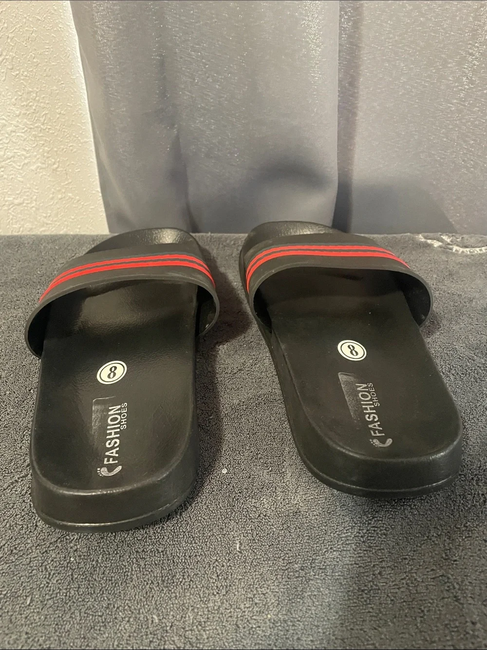 Men's Slip-On Slides with Black Base and Red Stripes NWOT
